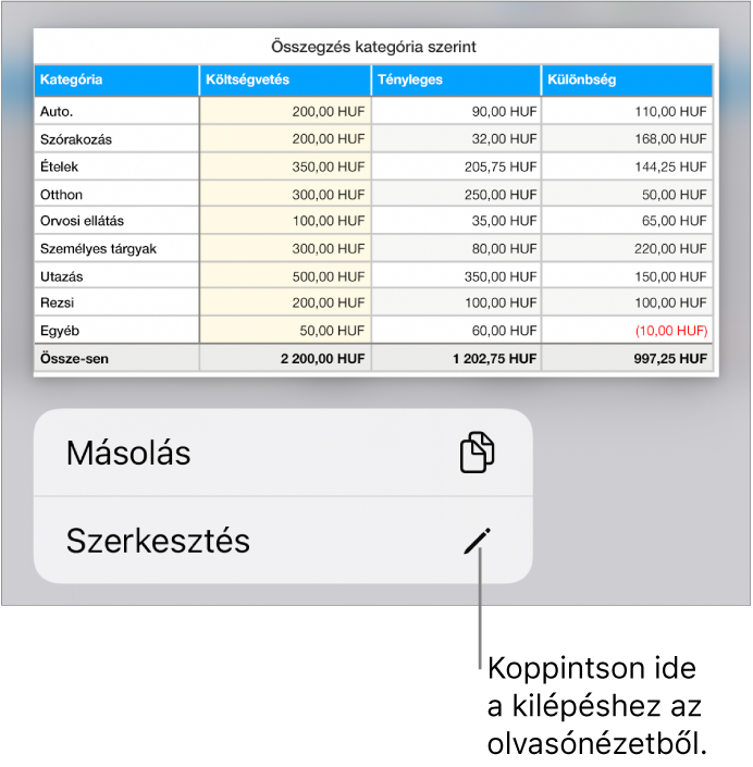 Egy kijelölt táblázat, amely alatt a Másolás és Szerkesztés gombok láthatók.