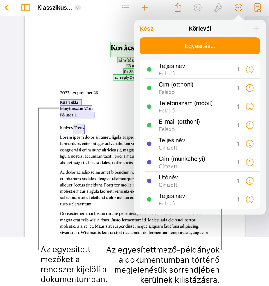 Egy Pages-dokumentum címzett és feladó egyesítési mezőkkel. Az egyesítési mező előfordulási lista a Dokumentum oldalsávon látható.