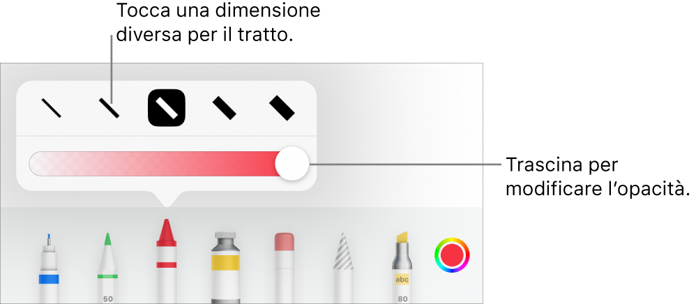 Controlli per scegliere una dimensione tratto e cursore per regolare l'opacità.