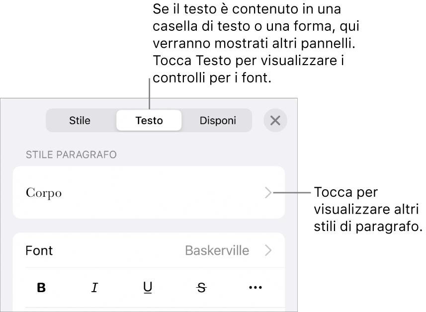 Menu Formato con controlli di testo per impostare stili carattere e paragrafo, font, dimensione e colore.