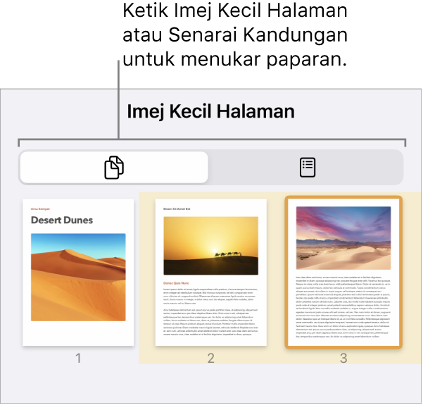 Paparan Imej Kecil Halaman dengan imej kecil setiap halaman. Butang Imej Kecil Halaman dan butang Senarai Kandungan adalah di bahagian bawah skrin.