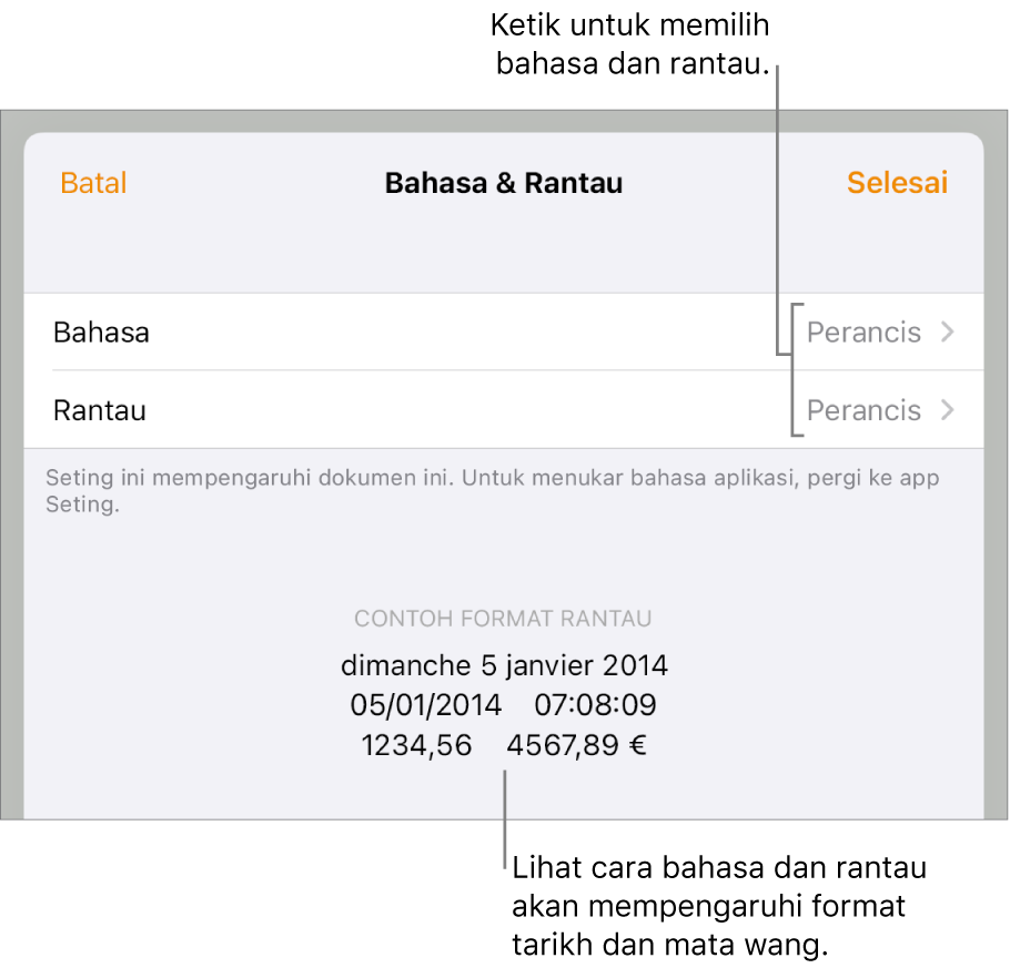 Anak tetingkap Bahasa dan Rantau dengan kawalan untuk bahasa dan rantau, serta contoh format termasuk tarikh, masa, perpuluhan dan mata wang.