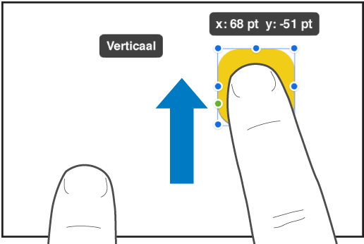 Eén vinger boven een object en een tweede vinger die een veeggebaar maakt naar de bovenkant van het scherm.