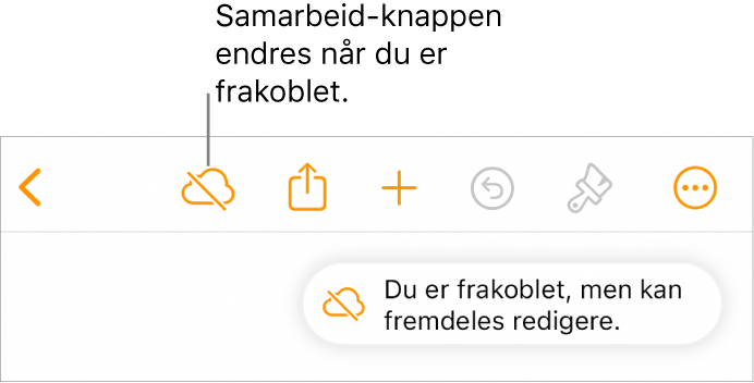 Knappene øverst på skjermen, med Samarbeid-knappen endret til en sky med en diagonal linje gjennom. I et varsel på skjermen står det: «Du er frakoblet, men kan fremdeles redigere.»