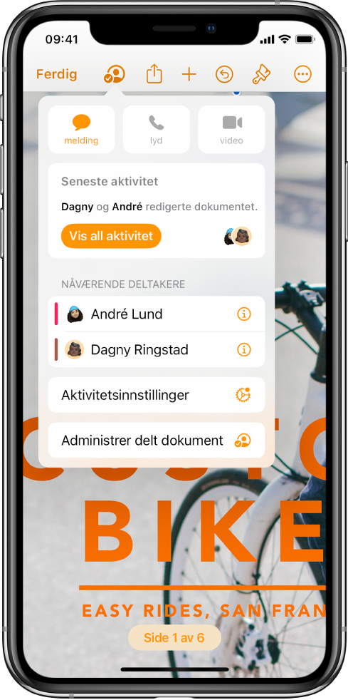 Legg til personer-skjermen som viser et bilde av dokumentet som skal deles. Nedenfor er knapper for ulike måter å sende invitasjonen på, blant annet Meldinger og Mail, Kopier lenke og Mer. Delingsvalg-knappen er nederst.