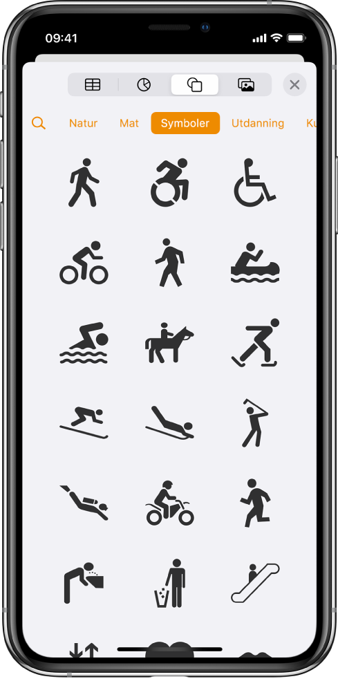 Sett inn-menyen med knapper øverst for å legge til tabeller, diagrammer, figurer og medier. Figurer er markert, og menyen viser en rad med kategorier med en Søk-knapp til venstre. Kategorien Aktiviteter er valgt, og det vises figurer nedenfor.