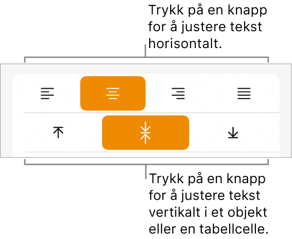 Knapper for horisontal og vertikal justering av tekst.