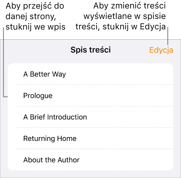 Widok spisu treści zawierający listę nagłówków. W prawym górnym rogu widoczny jest przycisk Edycja. Na dole znajdują się przyciski Miniaturki stron oraz Spis treści.