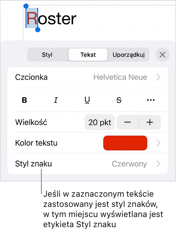 Narzędzia formatowania tekstu oraz menu stylów znaków widoczne poniżej narzędzi koloru. Styl znaków Brak wyświetlany jest z gwiazdką.