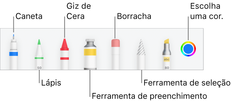 Barra de ferramentas de desenho no Pages do iPhone com caneta, lápis, giz de cera, ferramenta de preenchimento, borracha, ferramenta de seleção e quadro de cores mostrando a cor atual.