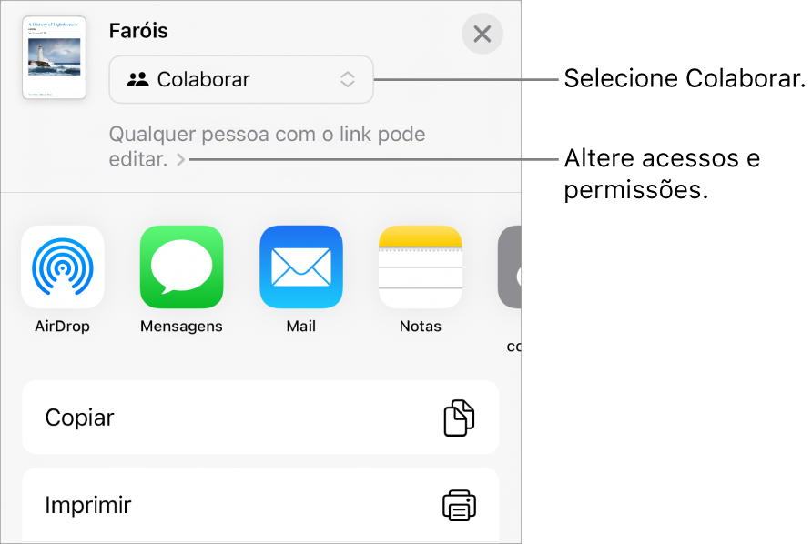 Menu Compartilhar com Colaborar selecionado na parte superior e os ajustes de acesso e permissão abaixo.