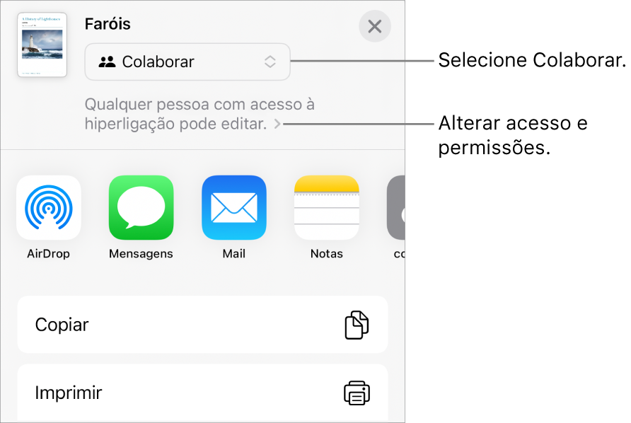 O menu Partilha com “Colaborar” selecionada na parte superior e as definições de acesso e permissão por baixo.