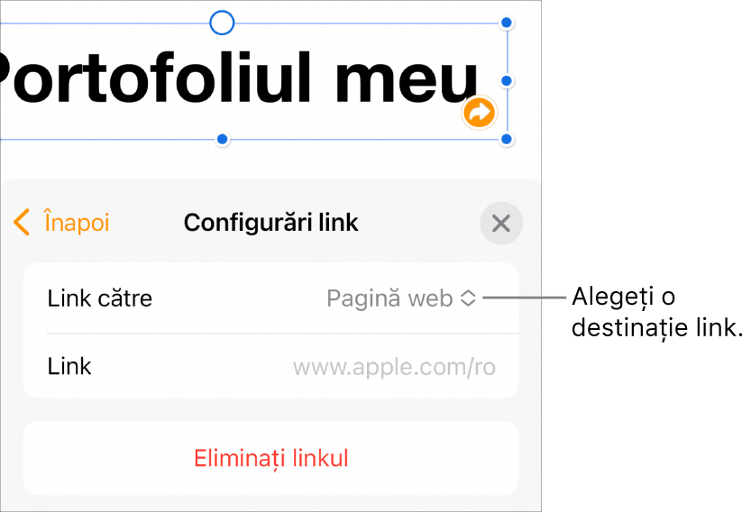 Comenzile Configurări link cu opțiunea Pagină web selectată și butonul Elimină linkul în partea de jos.