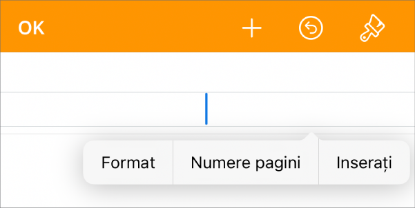 Fereastra Configurări document cu punctul de inserare într-un câmp de antet și un meniu pop-up cu două elemente de meniu: Numere pagini și Inserați.