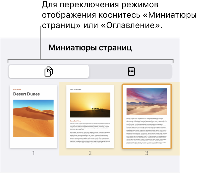 Панель «Миниатюры страниц» с миниатюрами каждой страницы. Кнопка «Миниатюры страниц» и кнопка «Оглавление» отображаются внизу экрана.