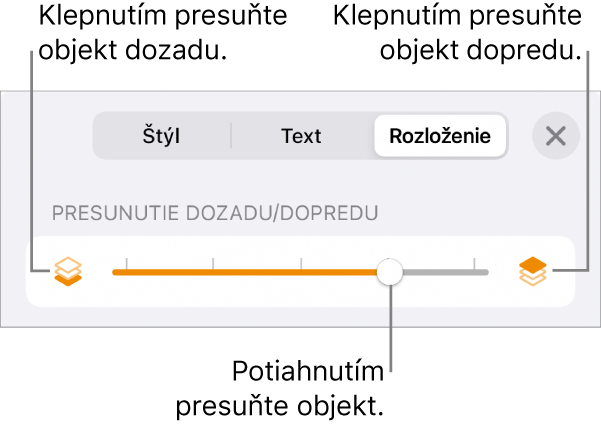 Tlačidlo Presunúť dozadu, tlačidlo Presunúť dopredu a posuvník vrstiev.