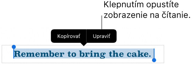 Je označená veta a nad ňou sa zobrazí kontextové menu s tlačidlami Kopírovať a Upraviť.
