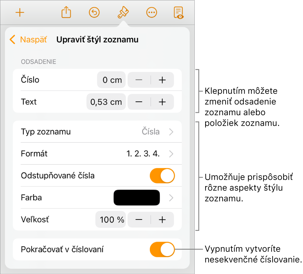 Menu Upraviť štýl zoznamu s ovládacími prvkami pre odsadenie, typ a formát zoznamu, odstupňované čísla, farbu a veľkosť zoznamu a nadväzujúce číslovanie.