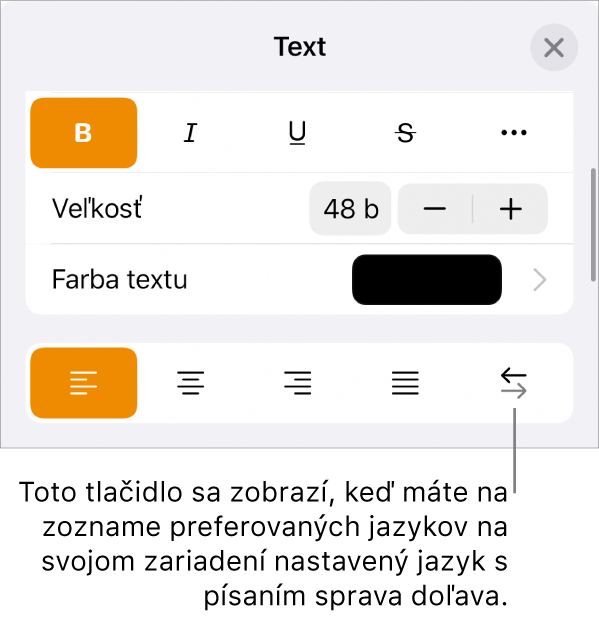 Ovládacie prvky v menu Formát s bublinou pre tlačidlo Sprava doľava.