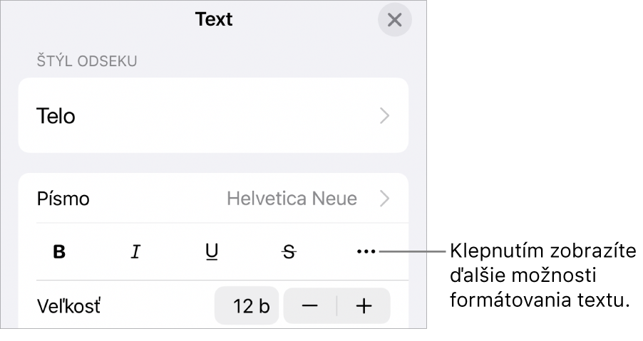 Záložka Text ovládacích prvkov Formát s bublinou pre tlačidlo Ďalšie možnosti textu.