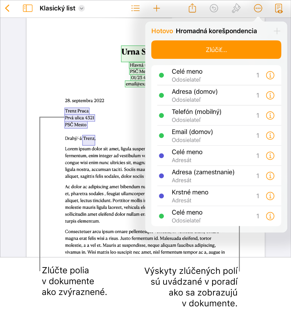 Dokument v Pages so zlučovacími poliami pre príjemcu a odosielateľa a zoznam inštancií zlučovacích polí viditeľný v postrannom paneli Dokument.