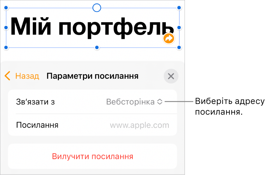 Елементи керування параметрами посилань із вибраною вебсторінкою та кнопкою «Вилучити посилання» внизу.