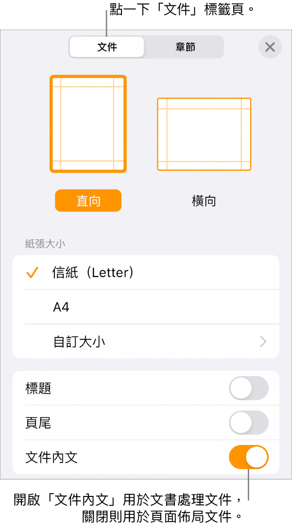 「文件內文」已開啟的「文件」格式控制項目位於螢幕底部附近。