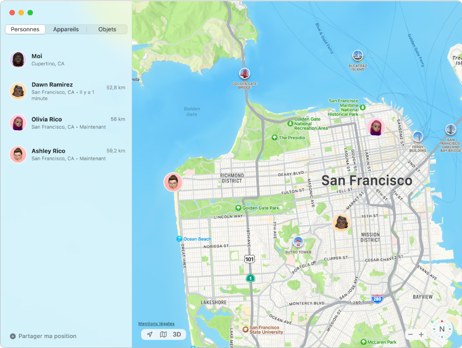 L’app Localiser affichant une liste d’amis dans la barre latérale et leur position sur un plan sur la droite.
