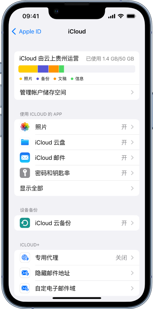 iCloud 设置屏幕,显示 iCloud 储存空间指示器和可配合 iCloud 使用的 App 及功能的列表,包括“邮件”、“通讯录”和“信息”。