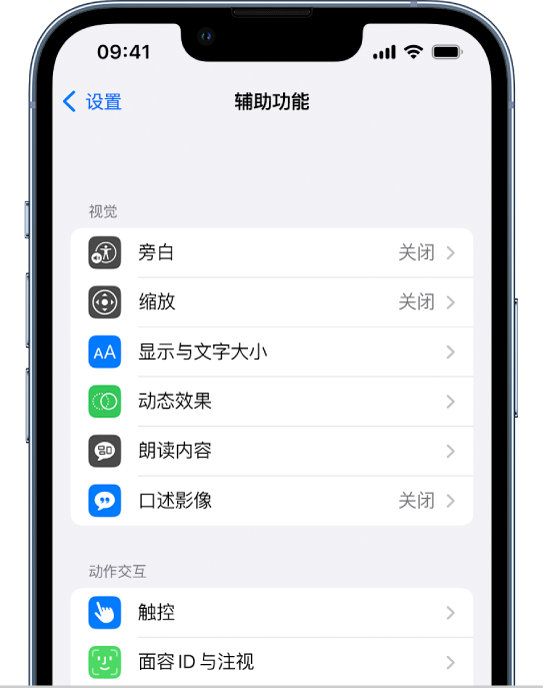 “设置”中的“辅助功能”屏幕,从上到下依次显示以下内建功能:“视觉”功能,其中包括“旁白”、“缩放”、“显示与文字大小”、“动态效果”、“朗读内容”和“口述影像”;“动作交互”功能,其中包括“触控”和“面容 ID 与注视”。