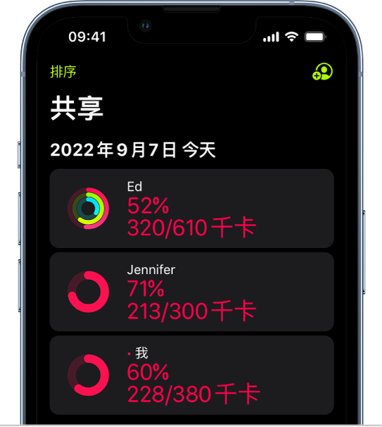 “健身”共享屏幕,显示某人和其朋友之间共享的活动圆环和健身记录概要。