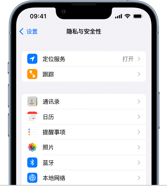“设置”中的“隐私与安全性”屏幕。