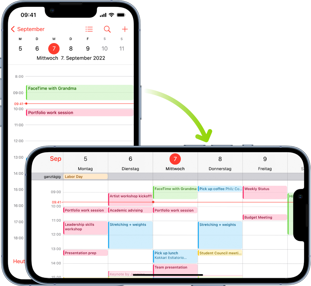 Im Hintergrund ist das iPhone im Hochformat ausgerichtet, und auf dem Bildschirm der App „Kalender“ sind die Termine eines Tages zu sehen. Im Vordergrund wurde das iPhone ins Querformat gedreht, und auf dem Bildschirm der App „Kalender“ sind nun die Termine der ganzen Woche zu sehen.