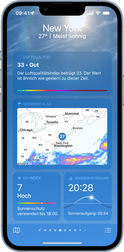 Der Bildschirm „Wetter“ zeigt oben den Ort und die aktuellen Temperatur- und Wetterbedingungen. Darunter befinden sich Wetterdetails zu folgenden Elementen: Luftqualität, Niederschlag, UV-Index und Sonnenuntergang.