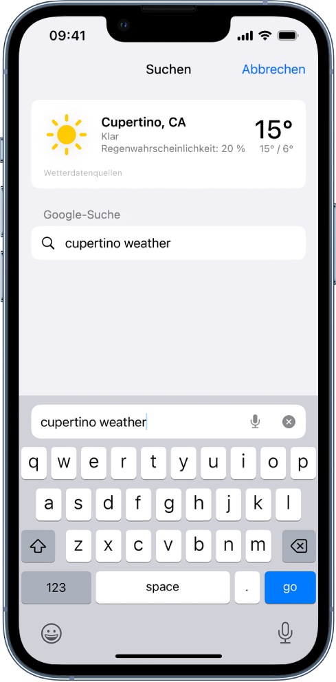 In der Mitte des Bildschirms befindet sich das Safari-Suchfeld, in dem nach dem Wetter in Cupertino gesucht wird. Oben auf dem Bildschirm ist ein Ergebnis der App „Wetter“ mit dem aktuellen Wetter und der Temperatur für Cupertino. Darunter befinden sich die Ergebnisse der Google-Suche.