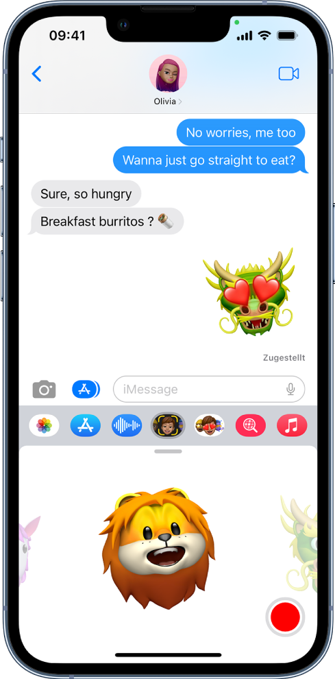 Eine Konversation in der App „Nachrichten“ mit einem ausgewählten und aufnahmebereiten Memoji.