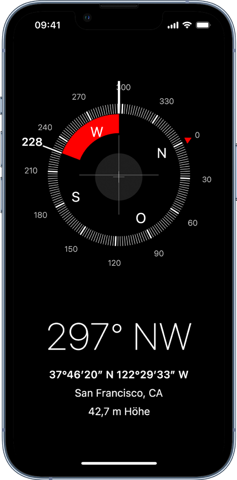 Die App „Kompass“ mit der Richtung, in die das iPhone zeigt, sowie den Koordinaten und der Höhe des aktuellen Standorts.