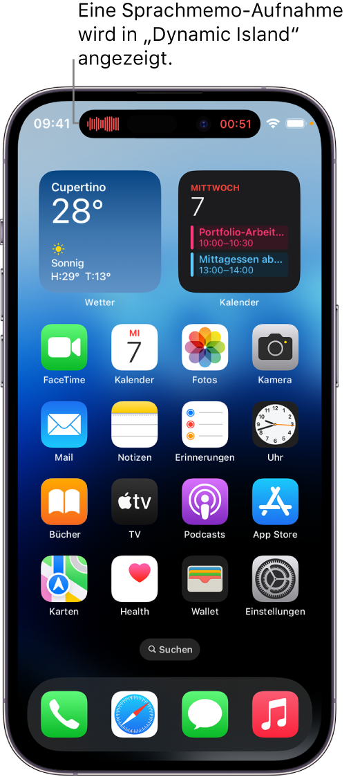 Der iPhone 14 Pro Home-Bildschirm mit einer laufenden Sprachmemo-Aufnahme in der Dynamic Island.