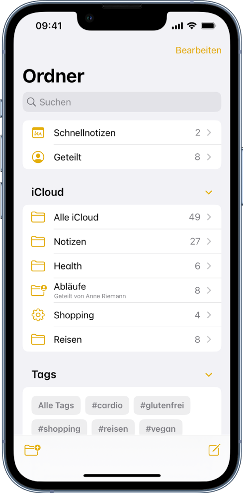 Die Ordnerliste in der App „Notizen“ mit dem Suchfeld oben.