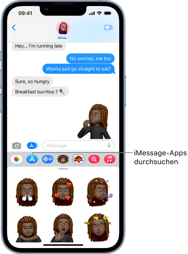 Eine Konversation in der App „Nachrichten“ mit dem ausgewählten App-Symbol „Memoji-Sticker“ und Memoji-Stickern im unteren Bildschirmbereich.
