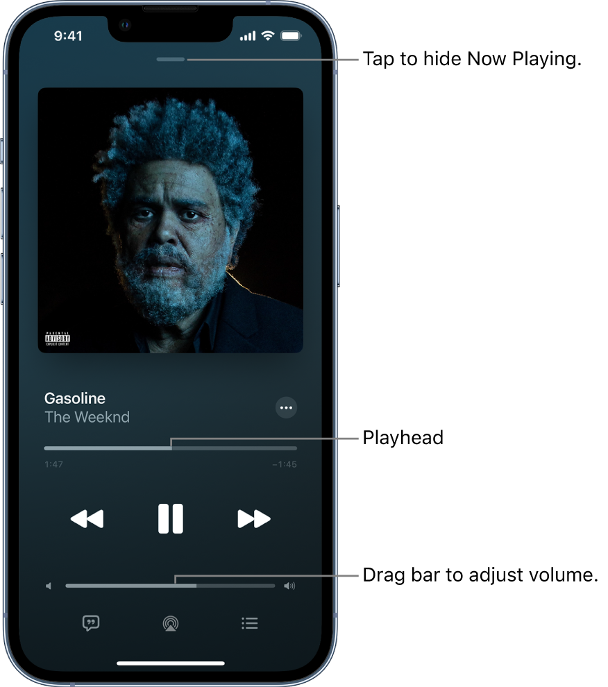 The Now Playing screen showing the album art. Below are the song title, artist name, More button, playhead, play controls, volume slider, Lyrics button, Playback Destination button, and Queue button. The Hide Now Playing button is at the top.