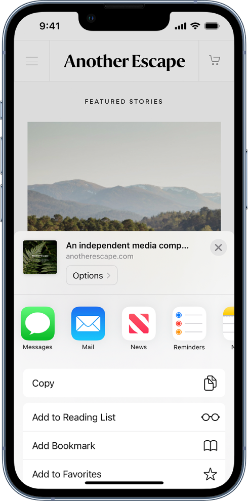 In Safari, the Share button on a webpage has been tapped, and apps that can be used to share the link are shown. Below the app icons is a list of other options, including Copy, Add to Reading List, Add Bookmark, and Add to Favorites.