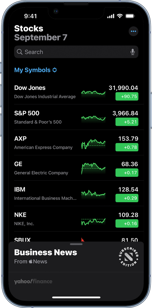 A watchlist showing a list of different stocks. Each stock in the list displays, from left to right, the stock symbol and name, a performance chart, the stock price, and price change. At the top of the screen, above the My Symbols watchlist title, is the search field. At the bottom of the screen is Business News. Swipe up on Business News to display stories.