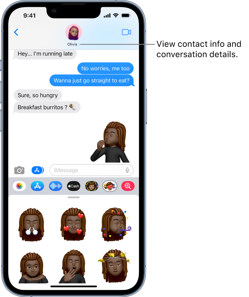 A Messages conversation. Along the top, from left to right, are the Back button, a photo, Memoji, or monogram of the person you’re messaging, and the FaceTime button. At the center are the messages sent and received during the conversation. Along the bottom are buttons to add content and effects to your messages.