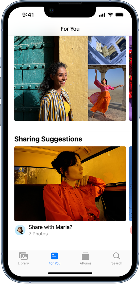 In the Photos app, the For You button is selected at the bottom of the screen. The Shared with You screen shows a collection of Sharing Suggestions. Below the suggested photo to share is the name of the contact to share it with, and the number of other photos in the suggested share collection.