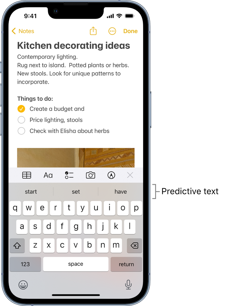 A note in the Notes app showing a list being edited, with suggestions for completing the next word.