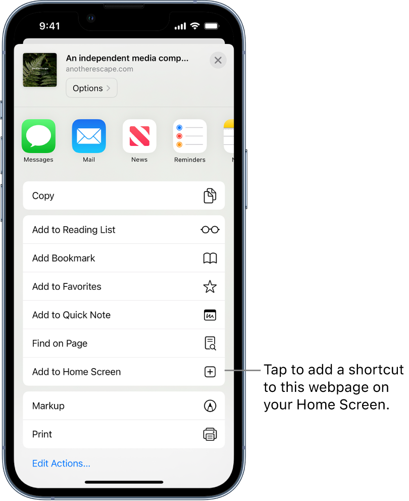 In Safari, the Share button on a webpage has been tapped, displaying a list of options. Near the bottom of the screen is the option Add to Home Screen. Tap to add a shortcut to this webpage on your Home Screen.
