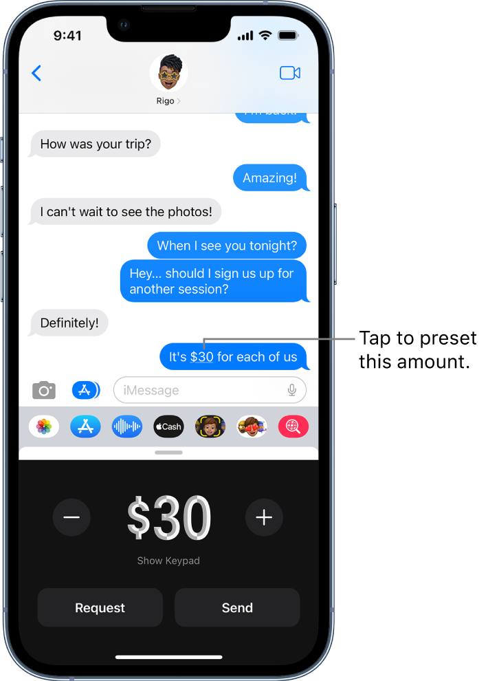 An iMessage conversation with Apple Pay open at the bottom.