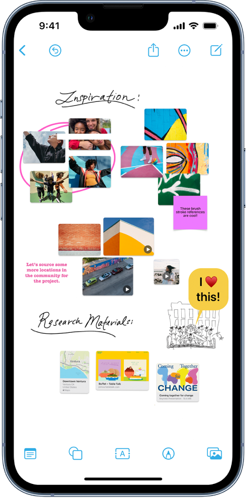 iPhone with the Freeform app open. The board includes handwriting, drawings, shapes, photos, videos, sticky notes, links, and other files.