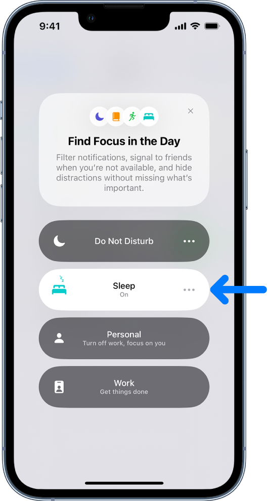 The Find Focus in the Day screen with Sleep turned on.